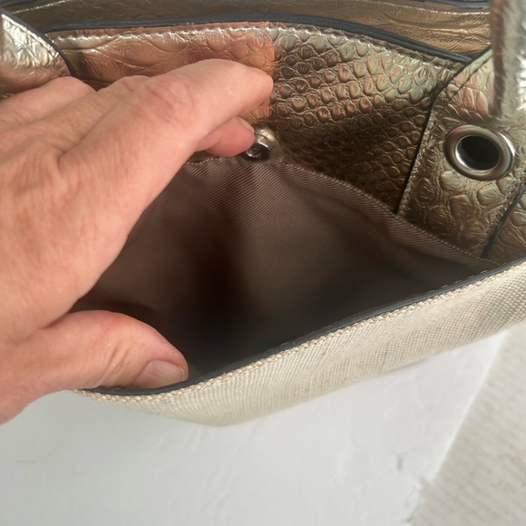 London Fog Gold Metallic Linen Snakeskin Tote Large Bag Purse Preppy Chic Summer - Picture 11 of 14